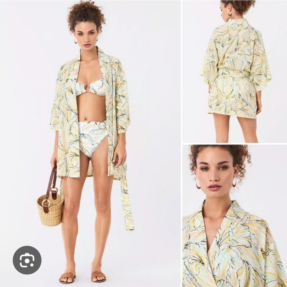 DVF‎ x Onia Floral Cotton Robe Swim Cover Up Beach Yellow Mint Green Size M/L